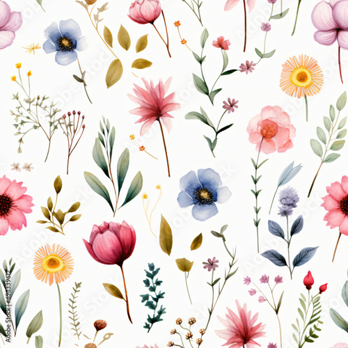 Seamless pattern of Asian flowers, watercolor, Wrapping paper pattern