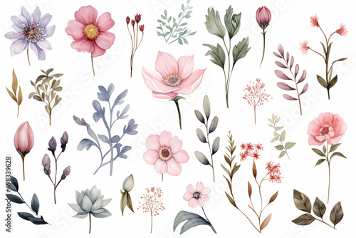 Watercolor paintings various types of Asian flowers on a white paper background.