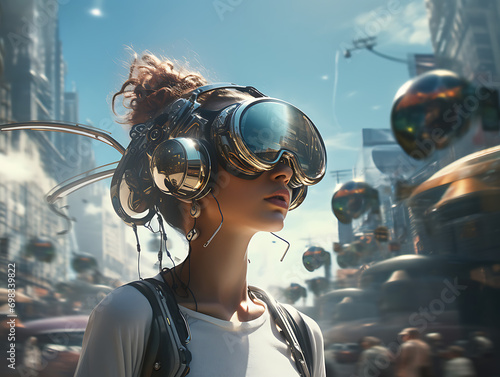 Humano futurista usando tecnología del futuro avanzada con casco futurista, gafas de realidad virtual y electrodos en el cerebro mientras viaja por el espacio