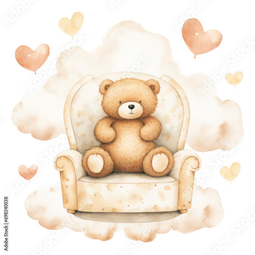 Cute watercolor little teddy bear on a chair on white background