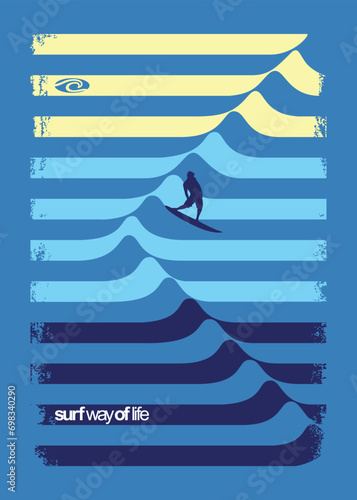 Vector illustration of graphic wave formed by curved stripes with surfer silhouette.