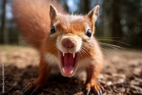 A close-up of a ferocious red squirrel with its mouth open, showcasing sharp teeth in a dramatic display of aggression. American red squirrel (Tamiasciurus hudsonicus) photo