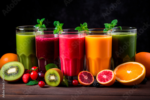 Vibrant assortment of fresh fruit and vegetable juices in a rainbow of colors, creating a visually appealing and nutritious display.