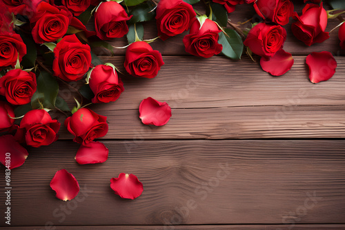 Charming floral frame adorned with red roses and a ribbon on a wooden background, creating a romantic and elegant ambiance.





