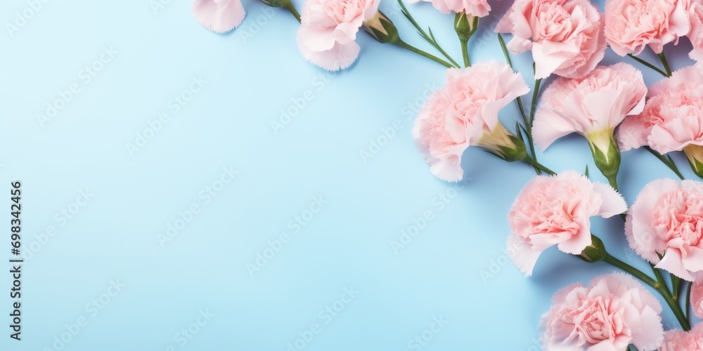 Spring flowers. Bouquet of flowers on pastel blue background. Valentine's Day, Easter, Birthday, Happy Women's Day, Mother's Day. Flat lay, top view, copy space for text