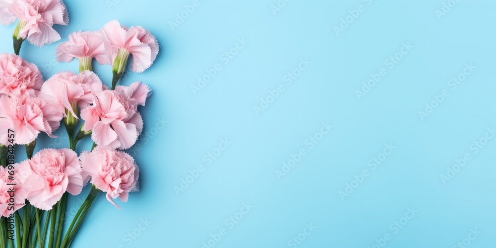 Spring flowers. Bouquet of flowers on pastel blue background. Valentine's Day, Easter, Birthday, Happy Women's Day, Mother's Day. Flat lay, top view, copy space for text