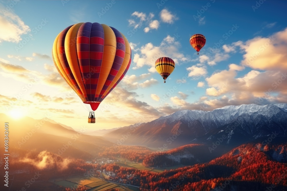 Obraz premium Floating spectacle. Colorful balloons glide through mountainous cloudscapes