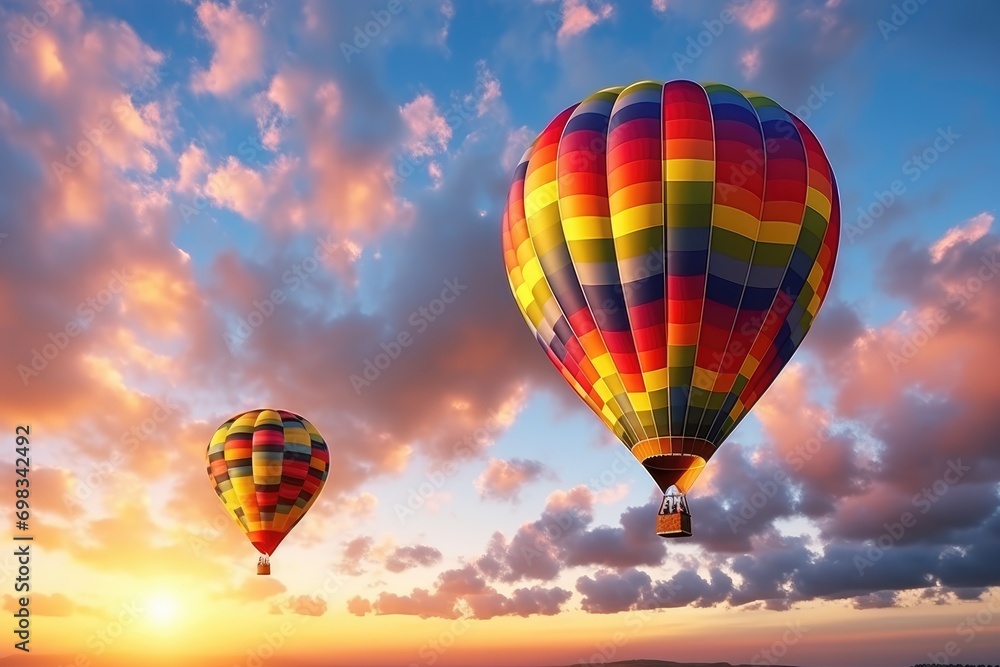 Naklejka premium Vibrant Hot Air Balloons Drifting Through Sunset Cloudscapes