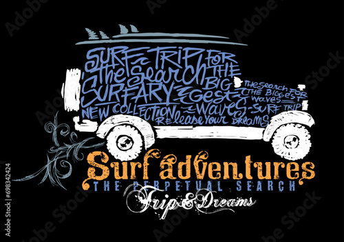 Vector illustration of surfer car formed by words alluding to surf.