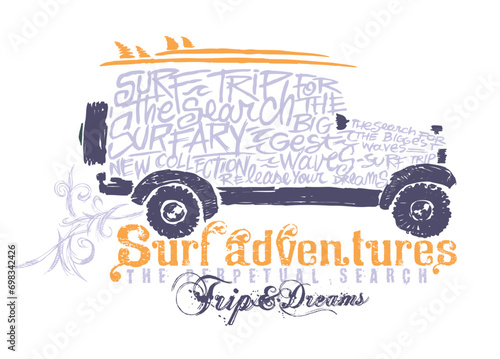 Vector illustration of surfer car formed by words alluding to surf.