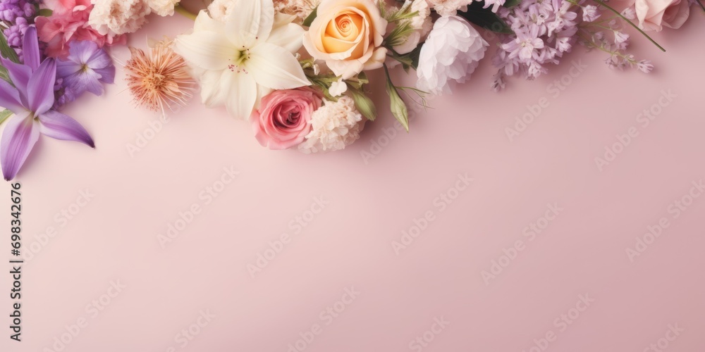 Spring flowers. Bouquet of lilac flowers on pastel purple background. Valentine's Day, Easter, Birthday, Happy Women's Day, Mother's Day. Flat lay, top view, copy space for text Spring flowers. Bouquet of lilac flowers on pastel purple background. Valentine's Day, Easter, Birthday, Happy Women's Day, Mother's Day. Flat lay, top view, copy space for text