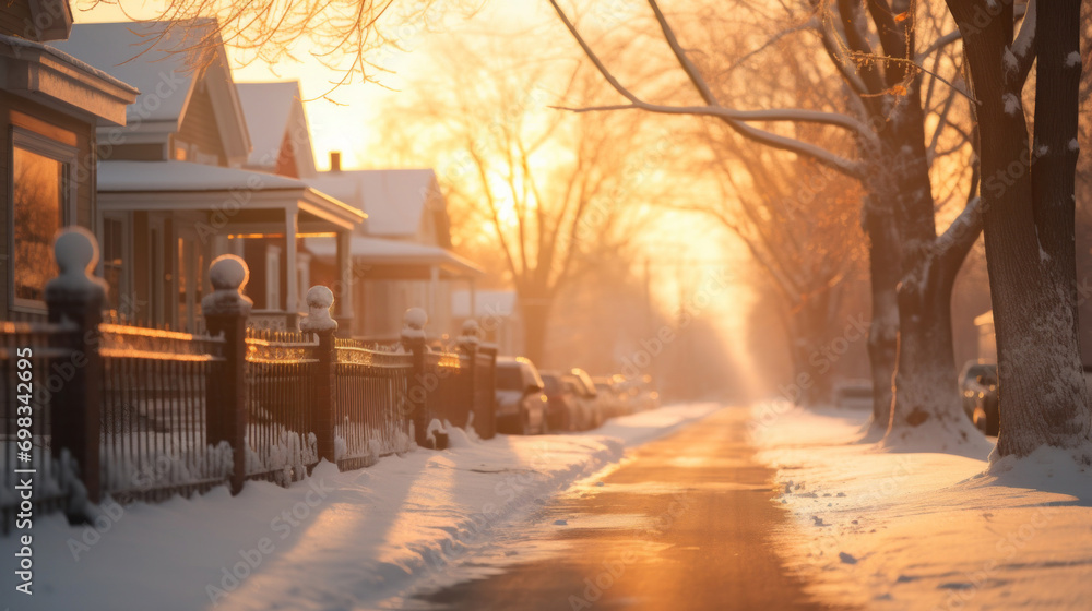 A beautiful golden sunrise illuminates a quiet, snowy street in a residential neighborhood. - obrazy, fototapety, plakaty 
