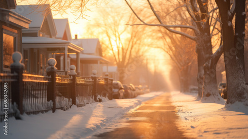 A beautiful golden sunrise illuminates a quiet, snowy street in a residential neighborhood.