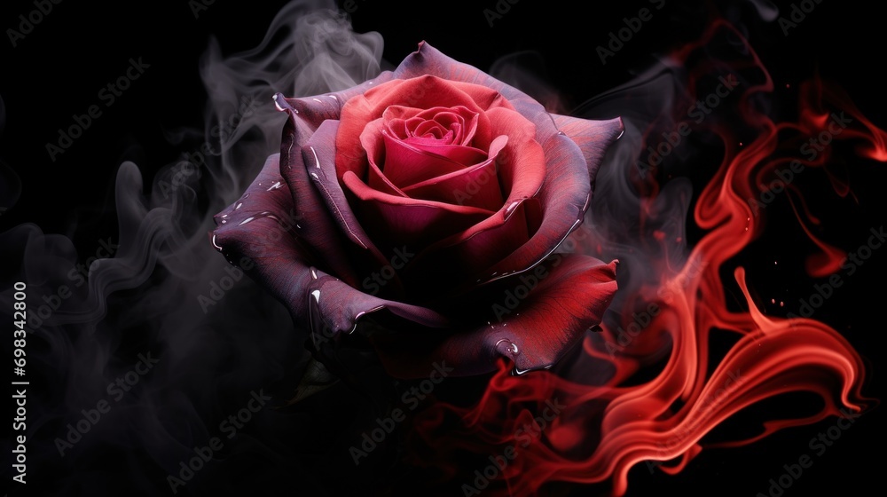 Majestic red rose captured with droplets and surrounded by dynamic fiery smoke, evoking passion and mystery. Majestic red rose captured with droplets and surrounded by dynamic fiery smoke, evoking passion and mystery.