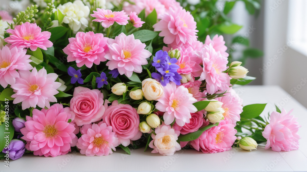 A bouquet of pink and white flowers on a table