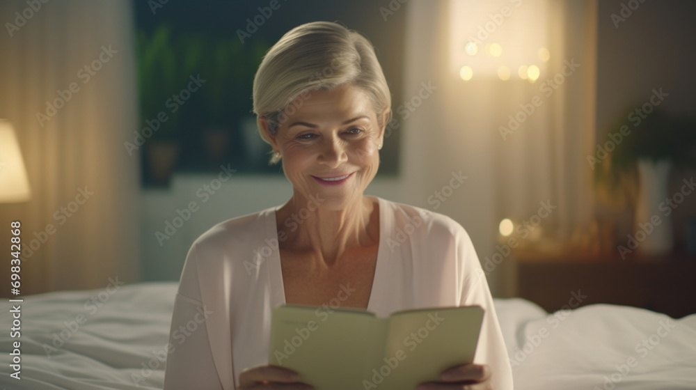 A graceful senior woman with a serene expression reading a book in bed, illuminated by soft bedside lighting. A graceful senior woman with a serene expression reading a book in bed, illuminated by soft bedside lighting.