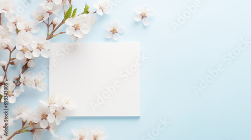 Blank white card surrounded by soft pink cherry blossoms on a gentle blue background, perfect for a springtime greeting.