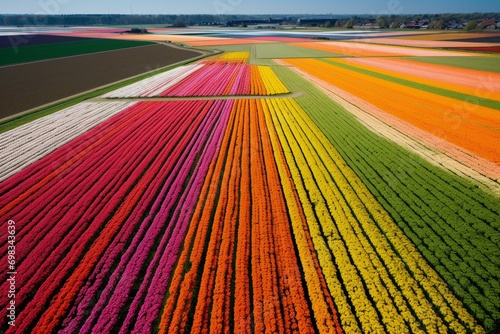 The blooming tulip fields in the Netherlands create a colorful spectacle from late April to early May. The Dutch countryside is dotted with numerous flower fields. Generative AI