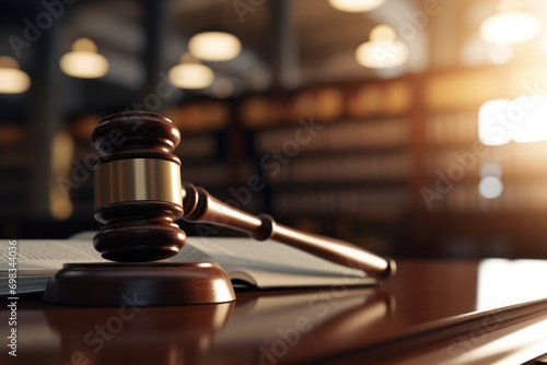 Law and justice symbols. Wooden gavel. Bokeh background.