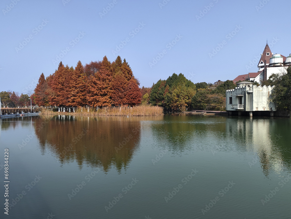 Fototapeta premium Beautiful view of Bacheng Ecological Wetland Park during autumn session
