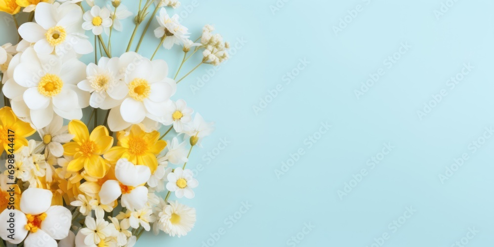 Spring flowers. Bouquet of flowers on pastel background. Valentine's Day, Easter, Birthday, Happy Women's Day, Mother's Day. Flat lay, top view, copy space for text