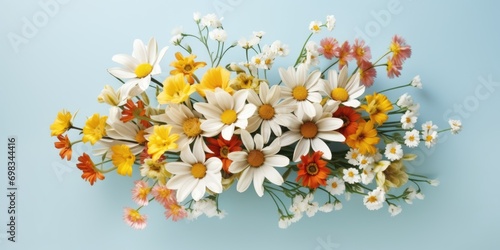 Spring flowers. Bouquet of flowers on pastel background. Valentine's Day, Easter, Birthday, Happy Women's Day, Mother's Day. Flat lay, top view, copy space for text