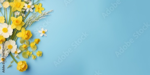 Spring flowers. Bouquet of flowers on pastel background. Valentine's Day, Easter, Birthday, Happy Women's Day, Mother's Day. Flat lay, top view, copy space for text © megavectors