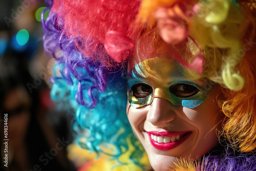 Carnival Glamour, Smiling Woman in Colorful Attire, Generative AI