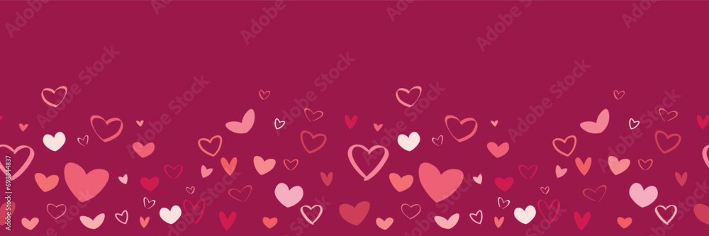 Many drawn hearts on red background. Banner for Valentine's Day