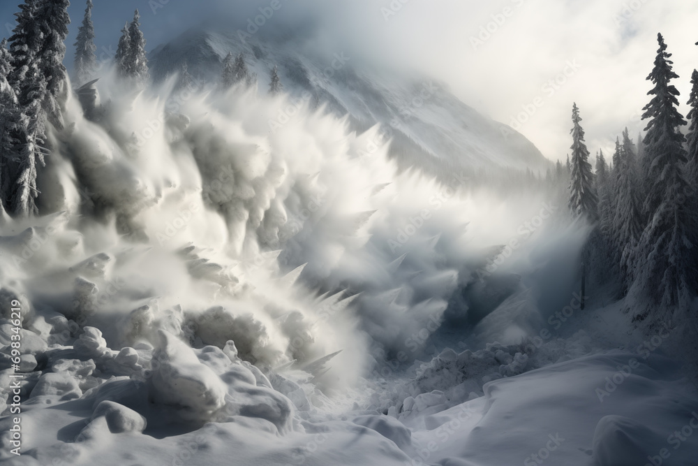Mountain's Fury: Majestic Avalanche in the Winter Alps, Generative AI illustration Mountain's Fury: Majestic Avalanche in the Winter Alps, Generative AI illustration