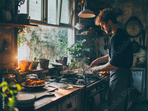 In a bright, roomy kitchen, a handsome Caucasian man effortlessly cooks breakfast on a gas stove, ensuring a tasty lunch for himself