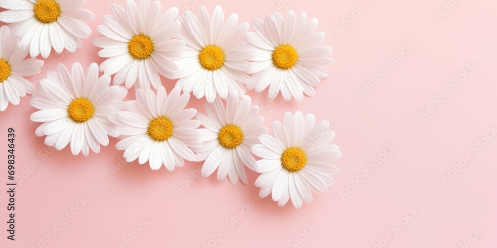 Spring flowers chamomile. Bouquet of flowers on pastel background. Valentine's Day, Easter, Birthday, Happy Women's Day, Mother's Day. Flat lay, top view, copy space for text Spring flowers chamomile. Bouquet of flowers on pastel background. Valentine's Day, Easter, Birthday, Happy Women's Day, Mother's Day. Flat lay, top view, copy space for text