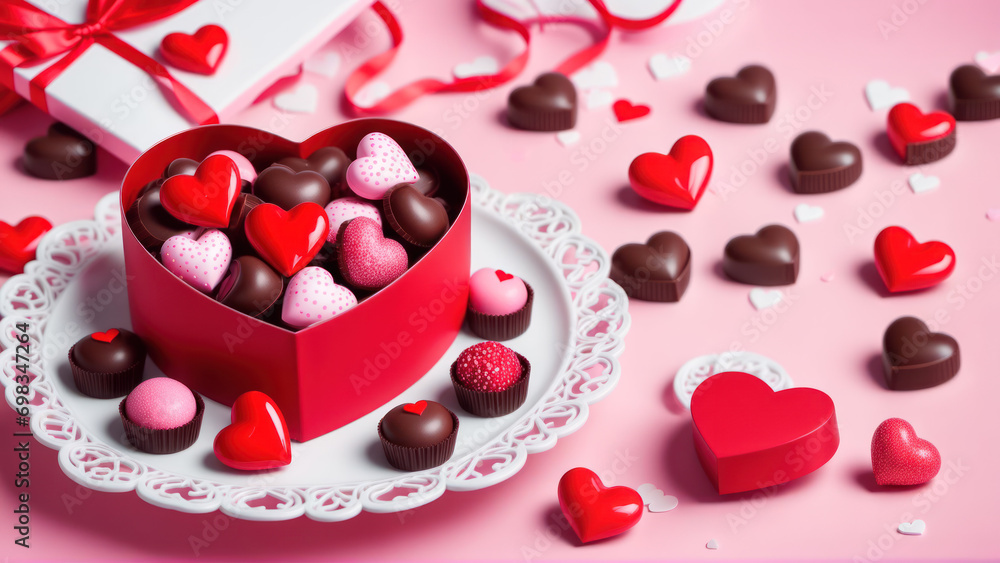 A heart shaped box of chocolates on a plate A heart shaped box of chocolates on a plate