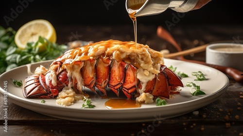 Food photograph of a lobster tail on a white plate and sauce poured on it