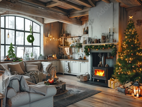 The house is decorated in a beautiful loft style for Christmas and New Year, with a black stove, fireplace, and stunning Christmas tree. The warm studio room has a white kitchen and wood fire