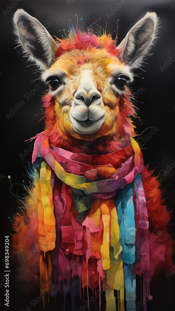 Llama with colorful scarf on black background, closeup of photo Llama with colorful scarf on black background, closeup of photo