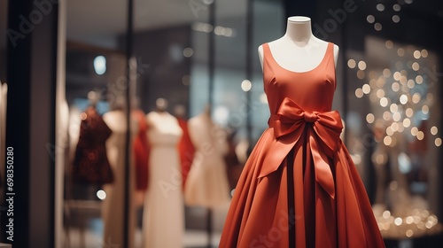 Elegant luxury women's dress on a mannequin in window display in shopping center. Dress for reception or celebration.