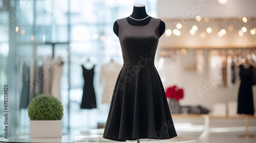 Elegant women's black midi dress on a mannequin in a window display in a shopping center. Little black dress