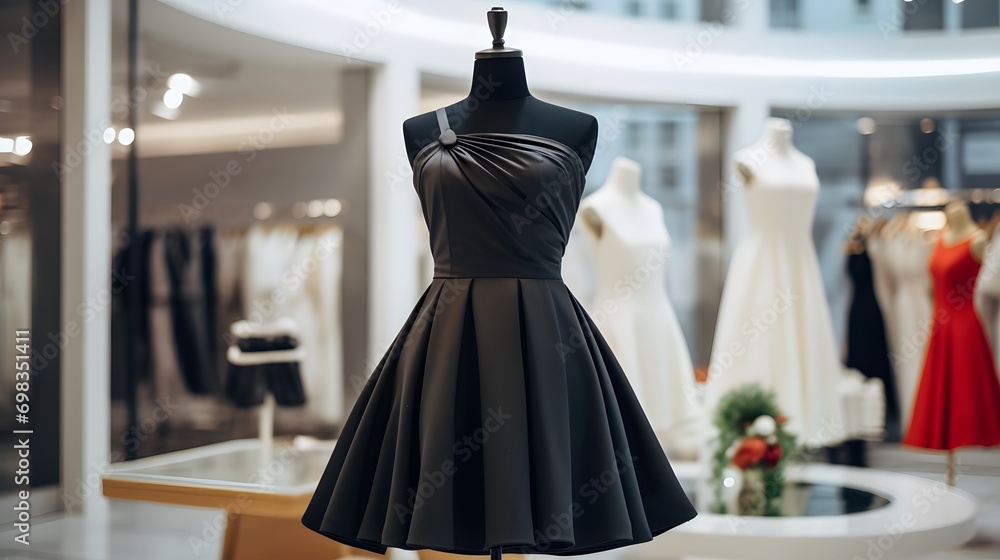 Elegant women's black midi dress on a mannequin in a window display in ...