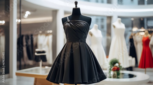 Elegant women's black midi dress on a mannequin in a window display in a shopping center. Little black dress photo