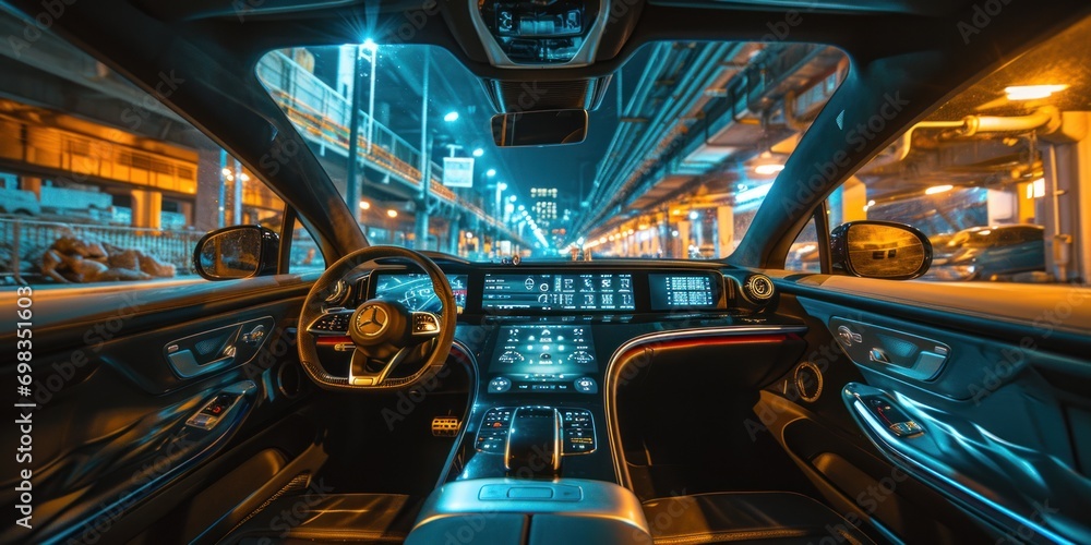 autonomous futuristic car dashboard concept with HUD and hologram screens and infotainment system autonomous futuristic car dashboard concept with HUD and hologram screens and infotainment system