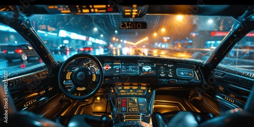 autonomous futuristic car dashboard concept with HUD and hologram screens and infotainment system © sirisakboakaew