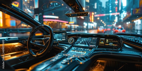 autonomous futuristic car dashboard concept with HUD and hologram screens and infotainment system photo