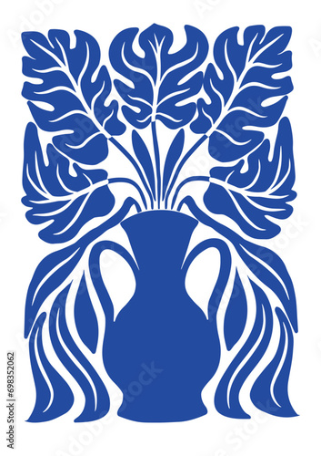 Abstract poster of vase with Monstera leaves. Adam's rib leaves. Minimalist floral artistic prints inspired by Matisse. Vector illustration isolated on transparent background.