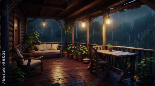 cozy porch at night with rain animated