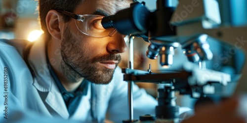 Doctor at the clinic looking at microscope equipment research treatment