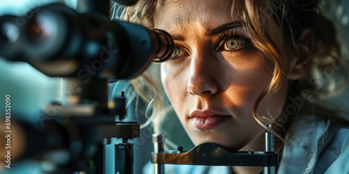 Doctor at the clinic looking at microscope equipment research treatment