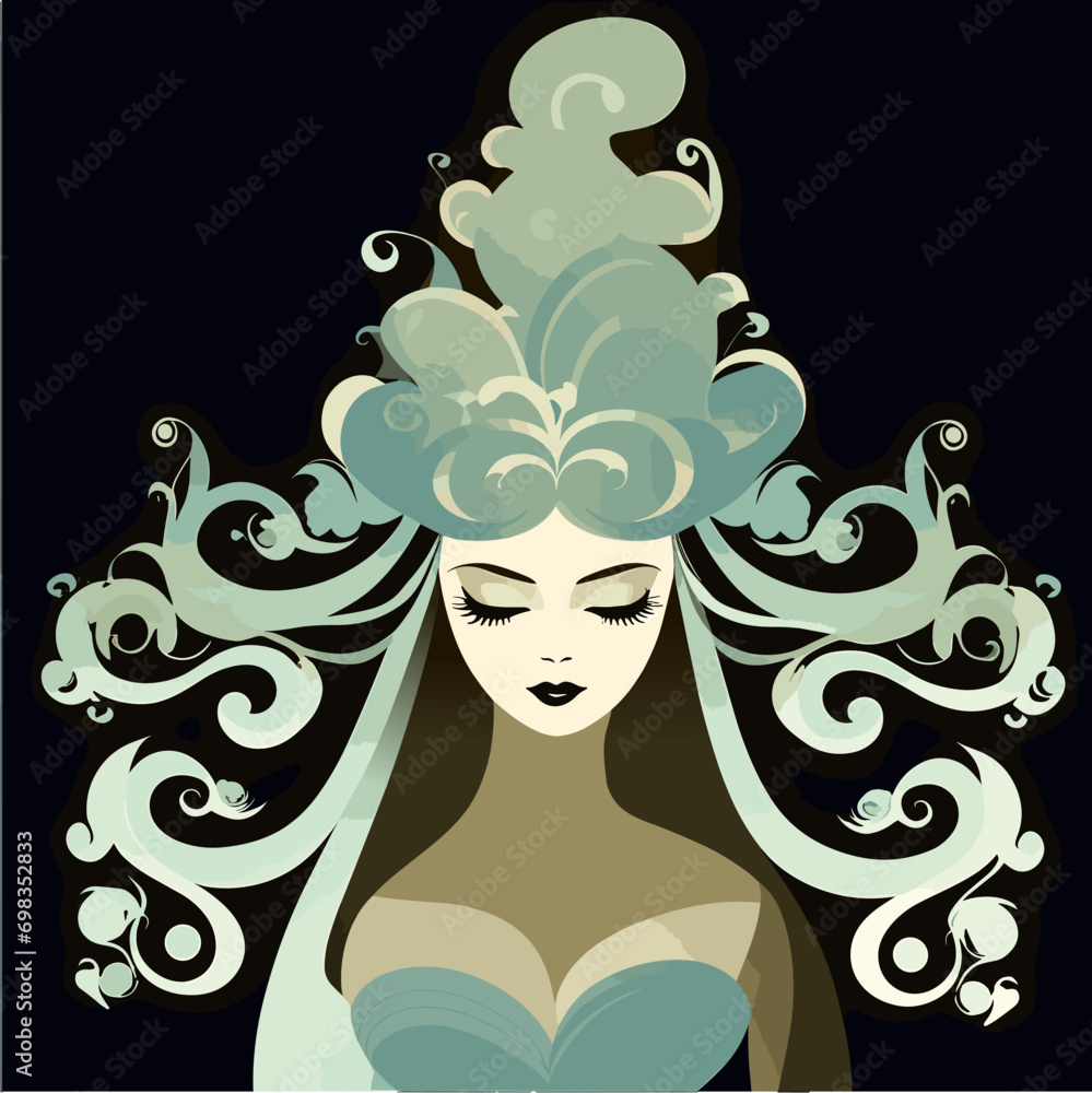 Blue princess cartoon character. Woman with wavy hairstyle. Vector illustration.