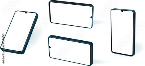 Smart phone android device mockup. 3d vertical, angle and horizontal perspective device. Mobile interface minimal screen isolate. Modern brand model smartphone.