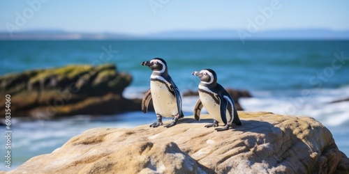 the young penguins standing on rocks near the beach, generative AI